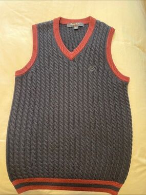 Brooks Brothers Charcoal Cable-Knit V-Neck Sweater Vest with Rust Trim
